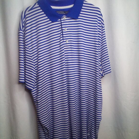 Nautica Polo Shirt XL Men Short Sleeve Stripe Soft Stretch Blue White - Picture 1 of 16